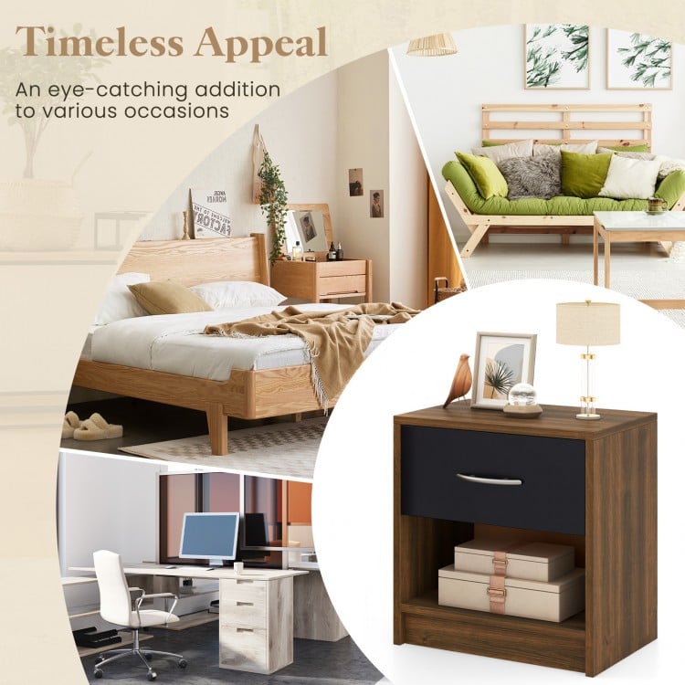 Brown bedside table nightstand with drawer and open shelf, perfect for bedroom or living room storage and organization.