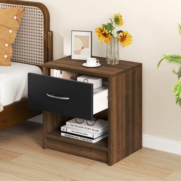 Brown bedside table nightstand showcasing a spacious top and open shelf, ideal for organizing daily essentials.