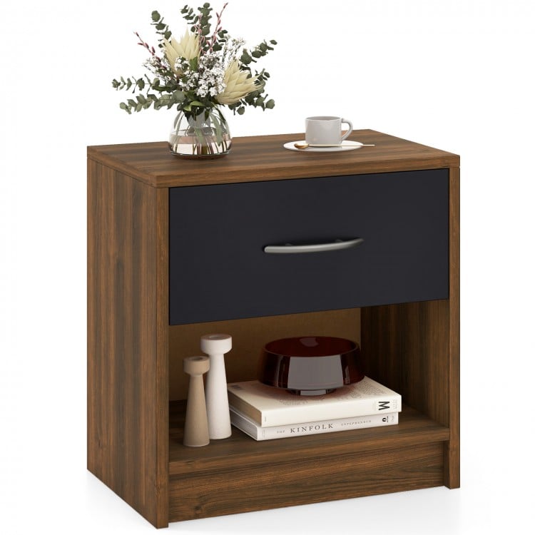 Brown bedside table nightstand with a drawer and open shelf, perfect for bedroom or living room storage and decor.