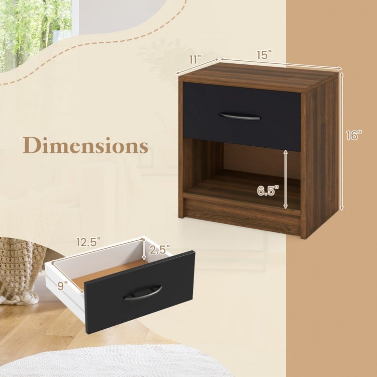 Bedside table nightstand with drawer and open storage shelf, brown finish, dimensions shown for easy reference.