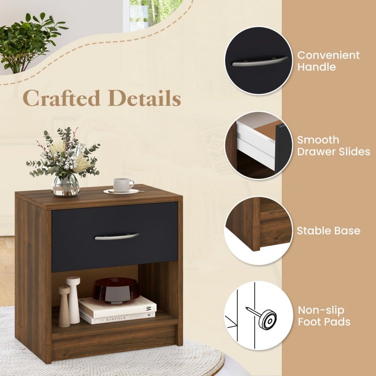 Brown bedside table nightstand featuring a pull-out drawer, open storage shelf, and non-slip foot pads for stability.