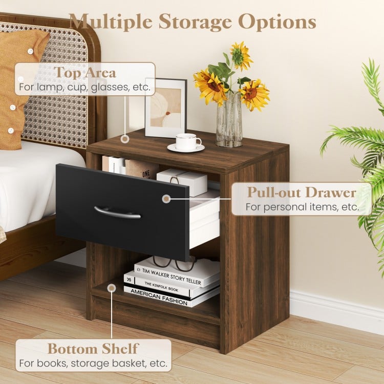 Brown bedside table nightstand featuring a pull-out drawer and open storage shelf for convenient organization.