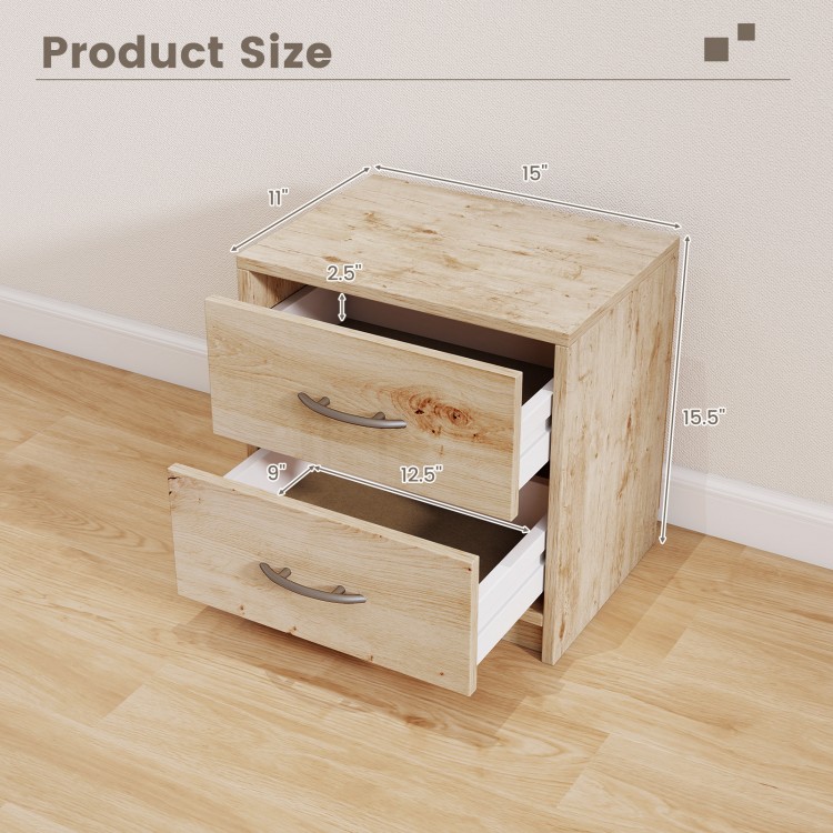 2 Drawer Nightstand in oak finish with dimensions shown, ideal for living room or bedroom storage and organization.