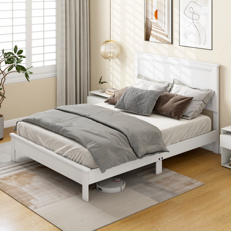 Full size white platform slat bed frame with high headboard, featuring solid rubber wood and underbed storage space.