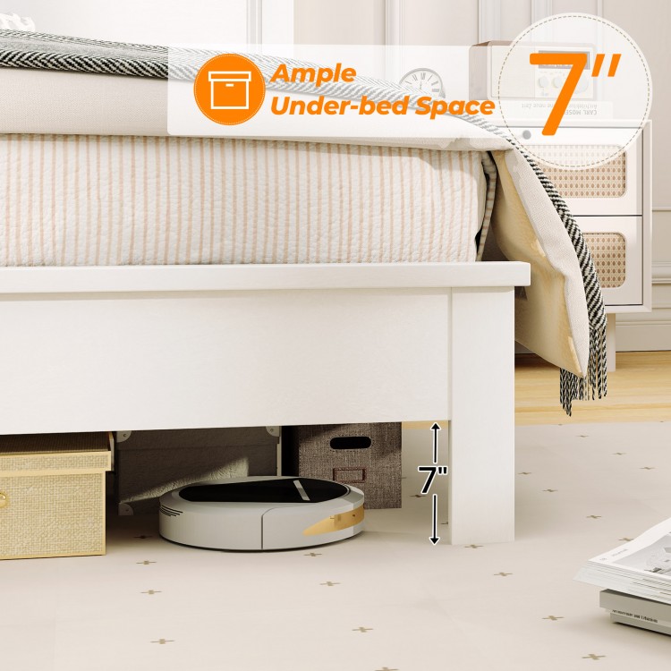 Full size platform slat bed frame in white showcasing 7-inch under-bed space for easy storage and cleaning.