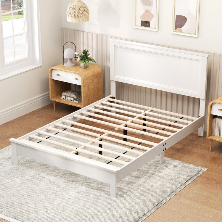 Full size platform slat bed frame in white with high headboard and slatted design for easy assembly and mattress.