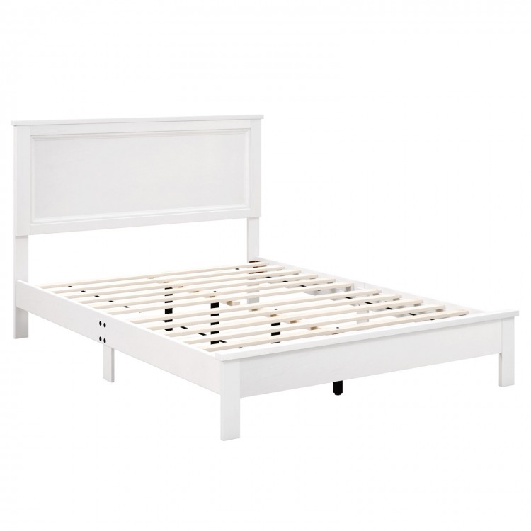 Full size white platform slat bed frame with high headboard, solid rubber wood, and underbed storage space.