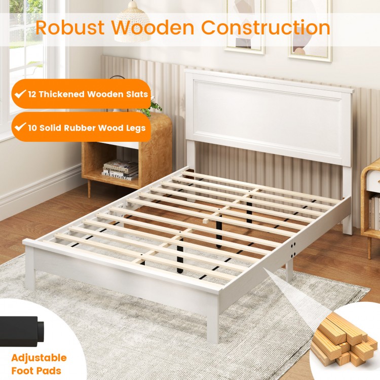 Full size platform slat bed frame in white with high headboard, solid rubber wood, and 12 thickened wooden slats.