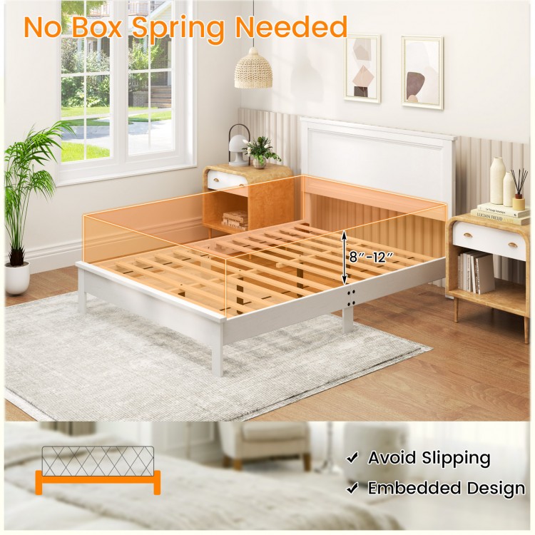 Full size platform slat bed frame in white with high headboard, featuring slatted design and no box spring needed.