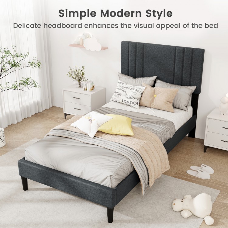 Twin size bed frame showcasing a soft padded headboard in faux linen, designed for easy assembly and modern aesthetics.