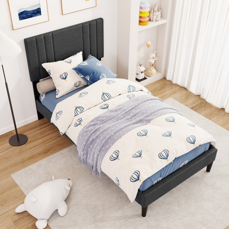 Twin size bed frame with vertical channel tufted headboard in faux linen, featuring a robust structure and no box.