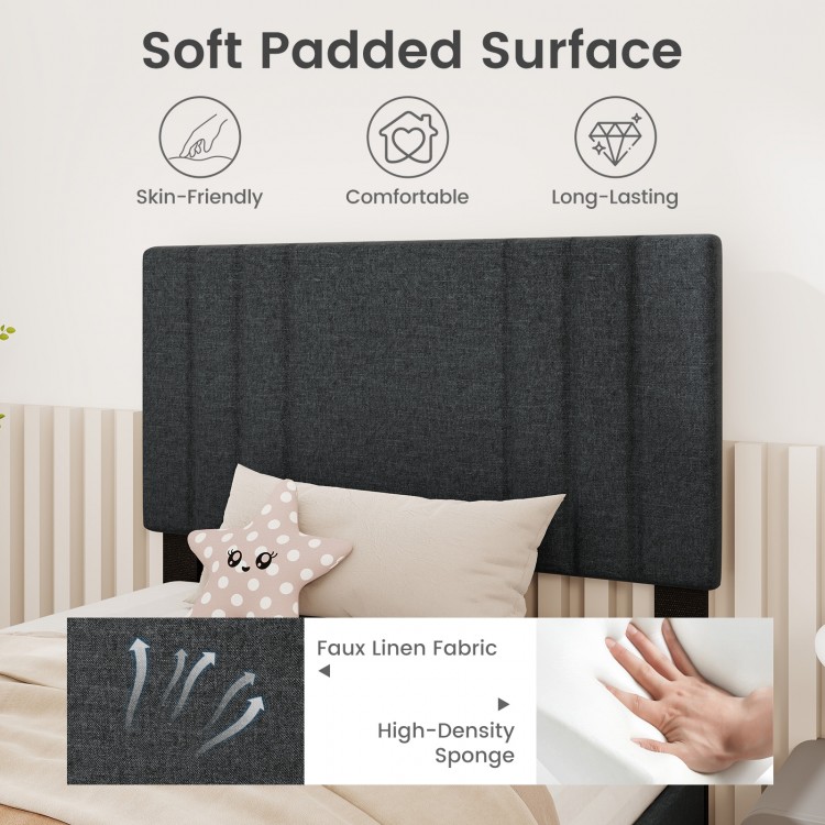 Vertical channel tufted headboard in faux linen fabric with soft padding, designed for Twin size bed frame assembly.