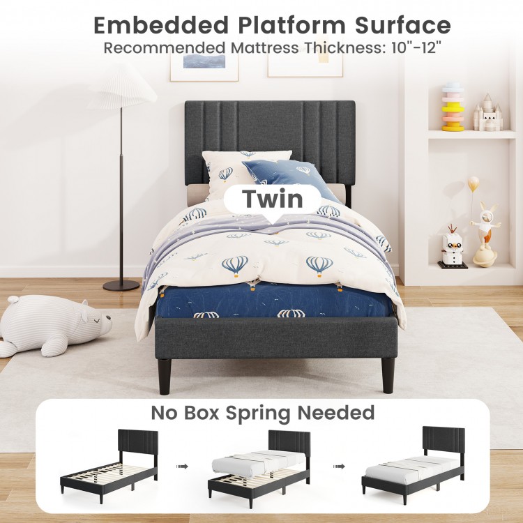 Twin size bed frame with vertical channel tufted headboard, faux linen fabric, and wooden slats, no box spring needed.