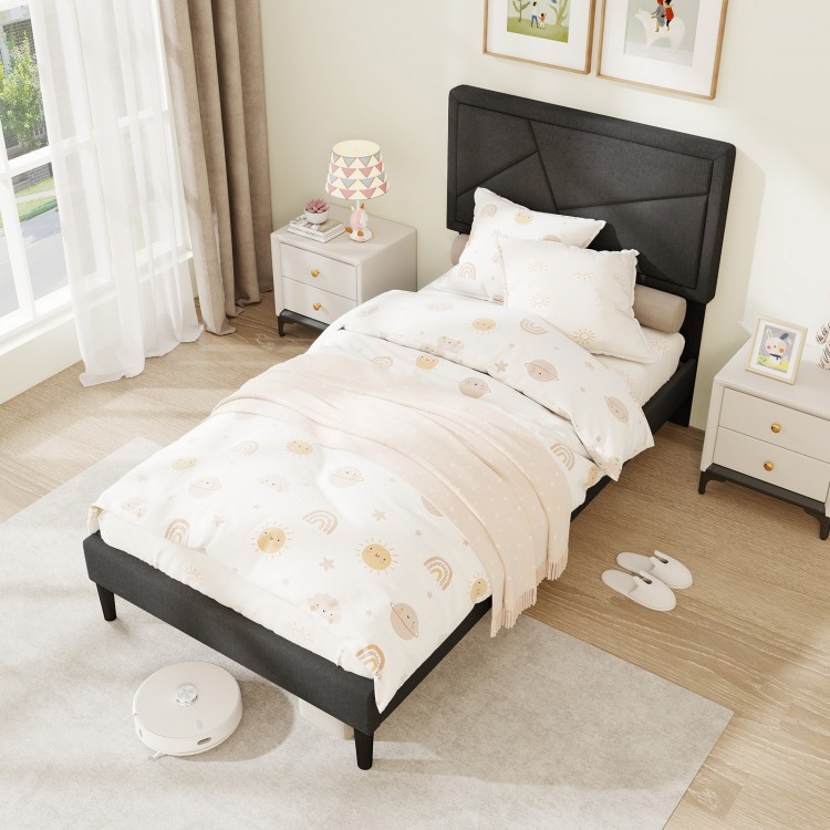 Upholstered twin bed frame with high headboard, faux linen fabric, and 12 plywood slats for sturdy support.