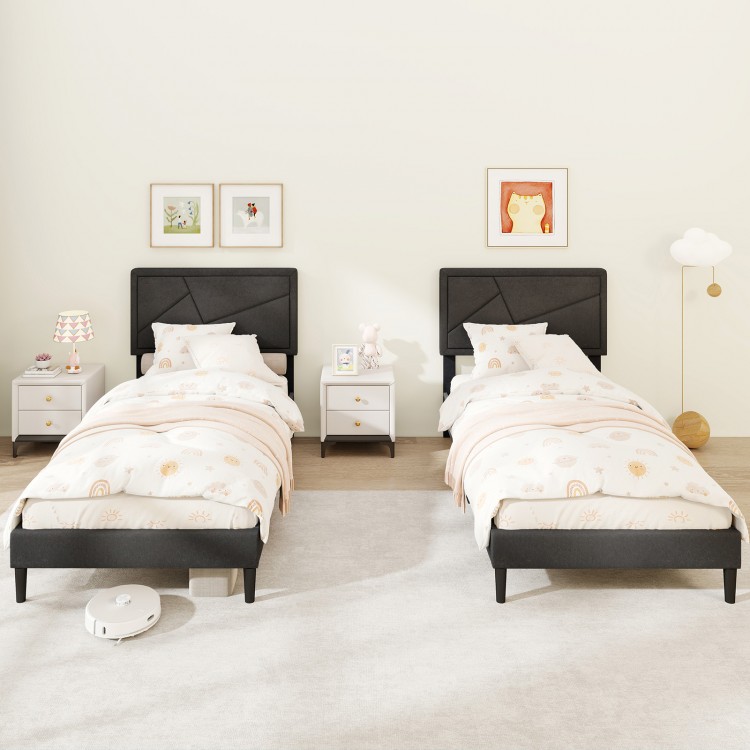 Twin size upholstered platform bed frame with high headboard in faux linen fabric, ideal for modern bedroom decor.