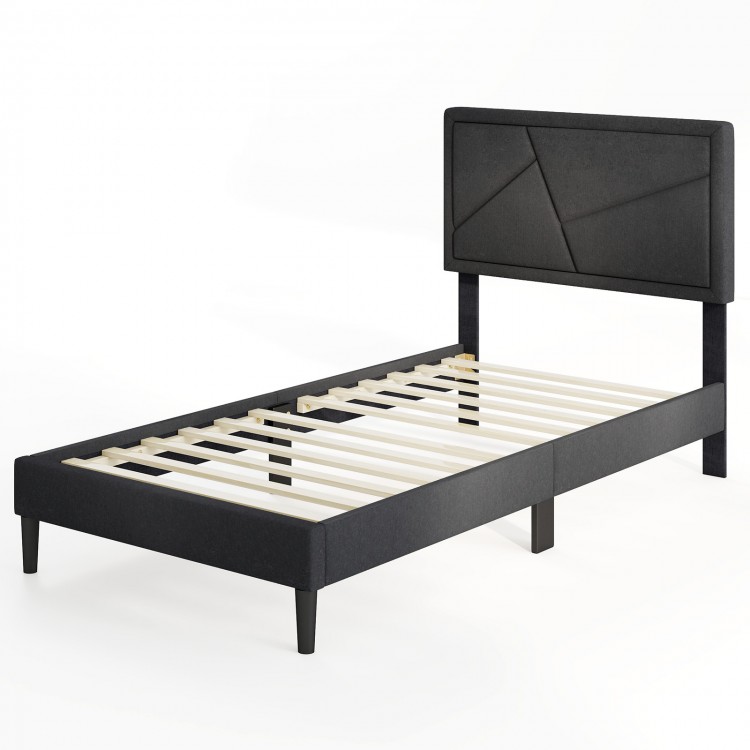 Twin size upholstered platform bed frame with high headboard, faux linen fabric, and robust plywood slats for mattress.