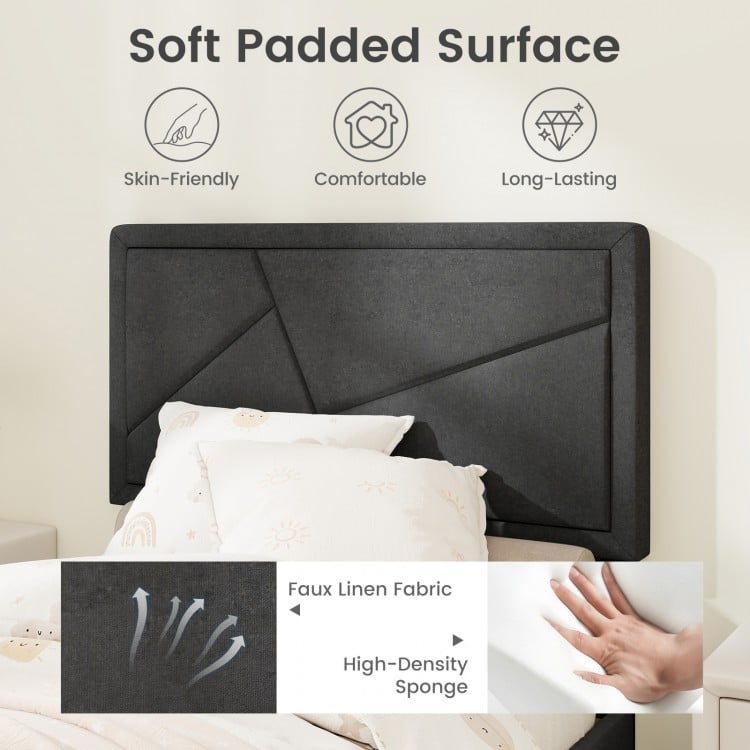 Upholstered platform bed frame with a soft padded faux linen headboard, featuring a robust structure and modern design.