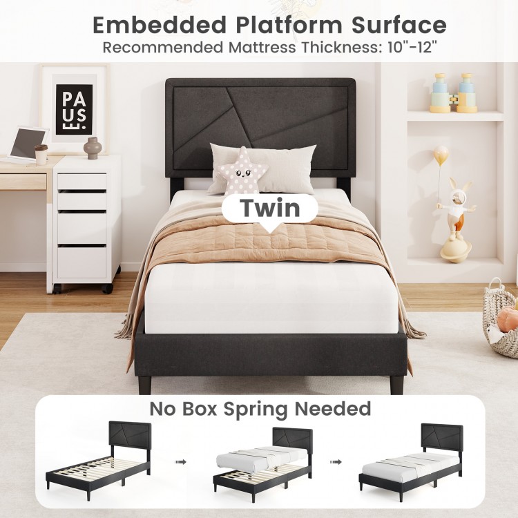 Twin upholstered platform bed frame with high headboard, faux linen fabric, and embedded surface for mattress stability.