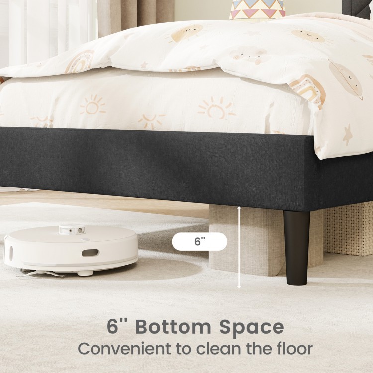 Upholstered platform bed frame with 6" bottom space for easy floor cleaning, featuring a high headboard and faux linen.