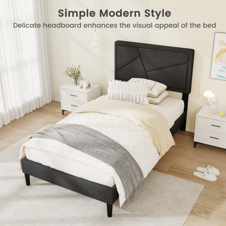 Upholstered platform bed frame with high headboard in modern style, featuring faux linen fabric and 12 plywood slats.