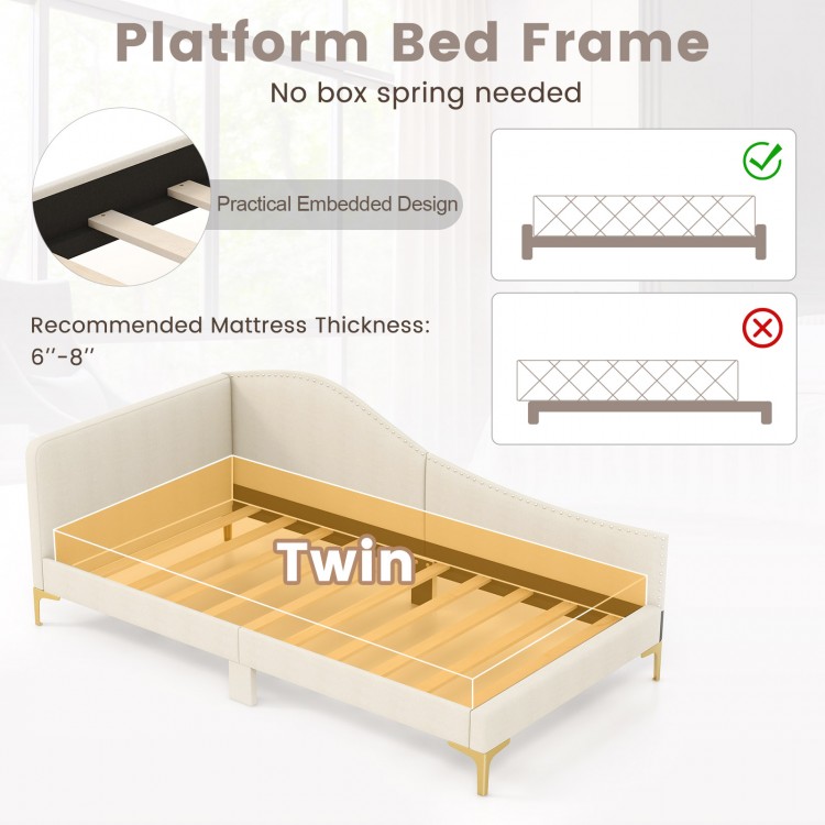 Upholstered twin size daybed with metal legs and wood slats, featuring a practical embedded design for mattress support.