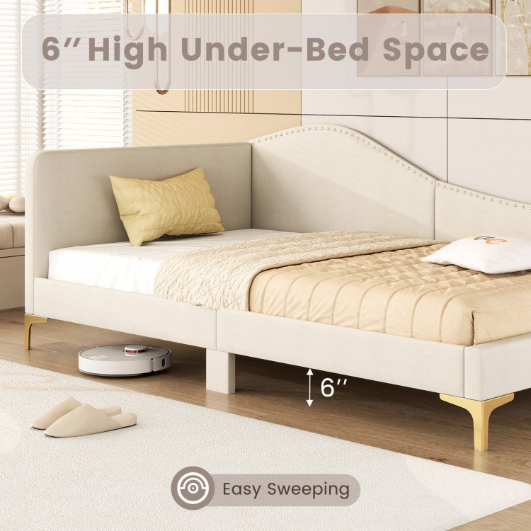 Upholstered twin size daybed with metal legs, featuring 6" under-bed space for easy sweeping and a stylish rivet design.