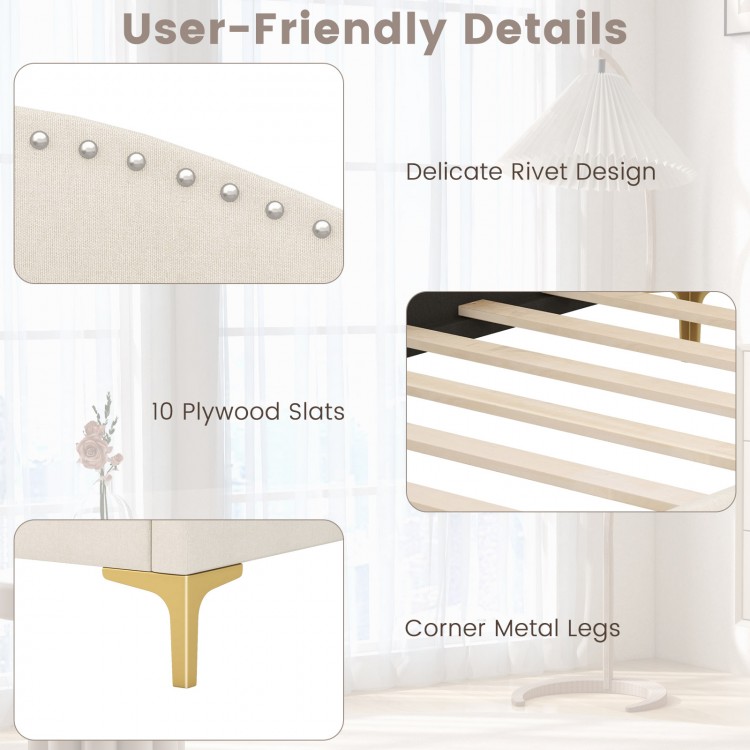 Detail of the upholstered daybed showing delicate rivet design, plywood slats, and sturdy corner metal legs for support.