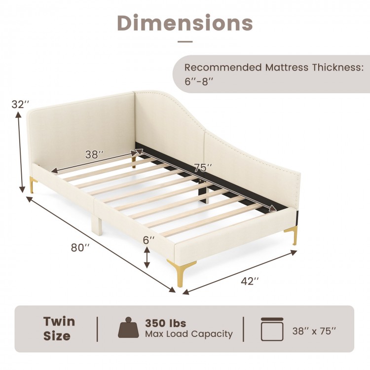 Twin size upholstered daybed with metal legs, wood slats, and rivet design, perfect for versatile use in any space.