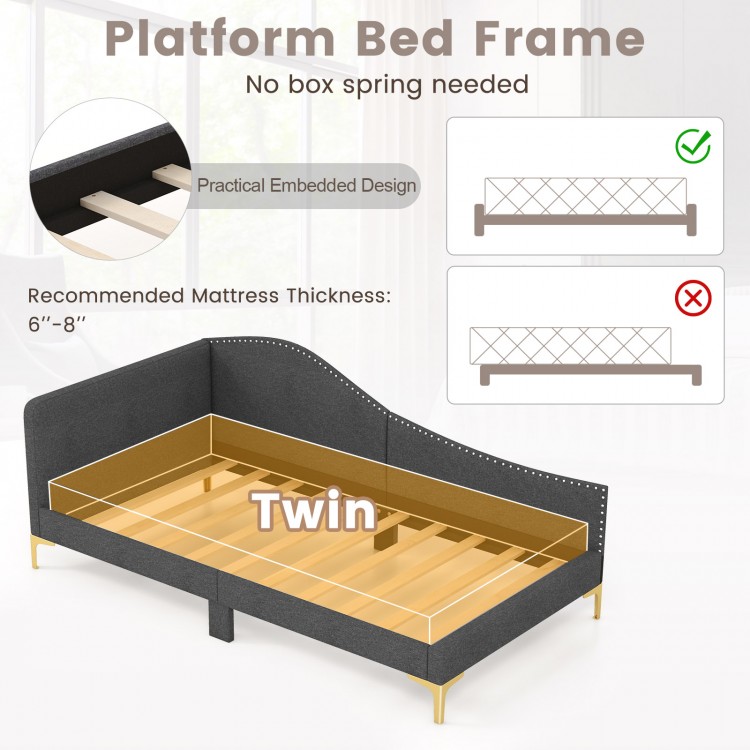 Twin size rivet-tufted platform bed frame with metal legs and wood slats, designed for versatile use as a daybed or.