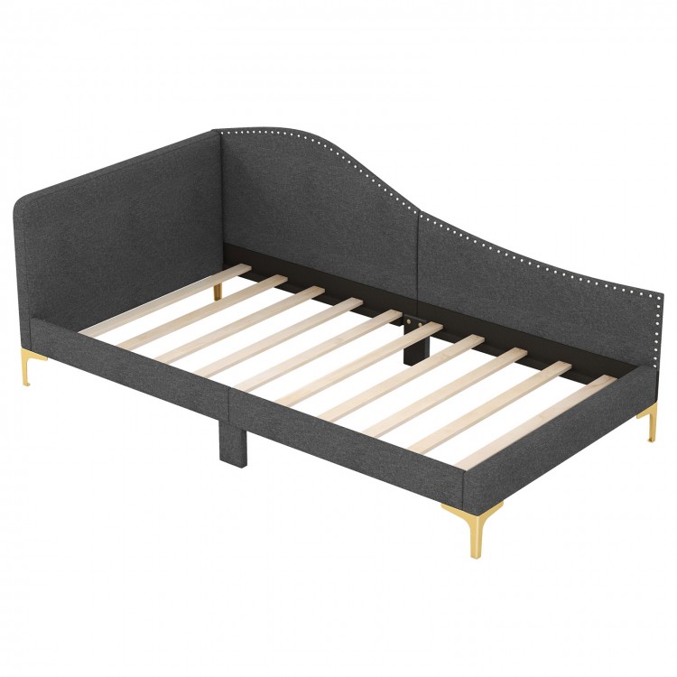 Full/Twin size rivet-tufted platform bed with metal legs and wood slats, ideal as a daybed or sofa for versatile use.