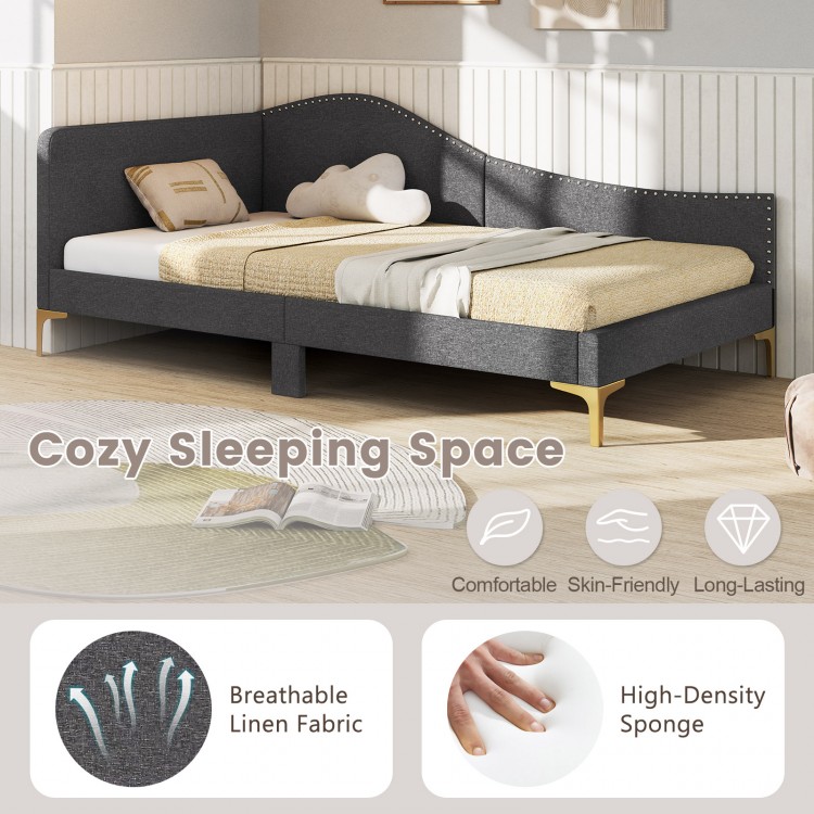 Rivet-tufted platform bed in breathable linen fabric with metal legs, ideal as a daybed or sofa for versatile use.