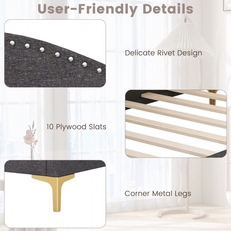 Delicate rivet design and corner metal legs of the Twin Size Rivet-Tufted Platform Bed with wood slats for stylish.