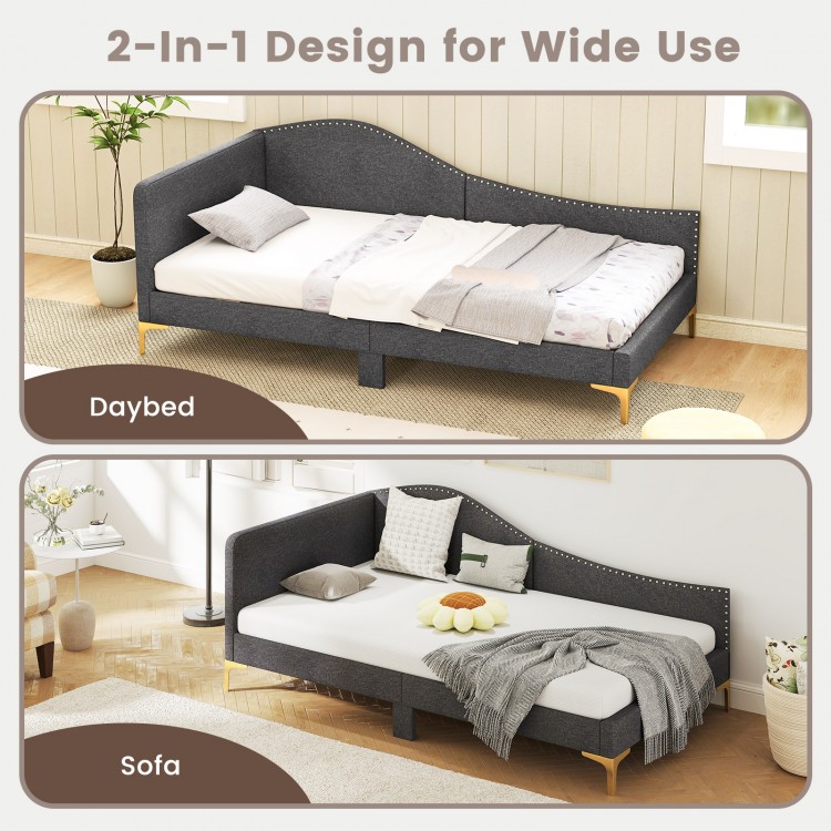 Daybed and sofa combination in rivet-tufted linen fabric, featuring metal legs and wood slats for versatile use.