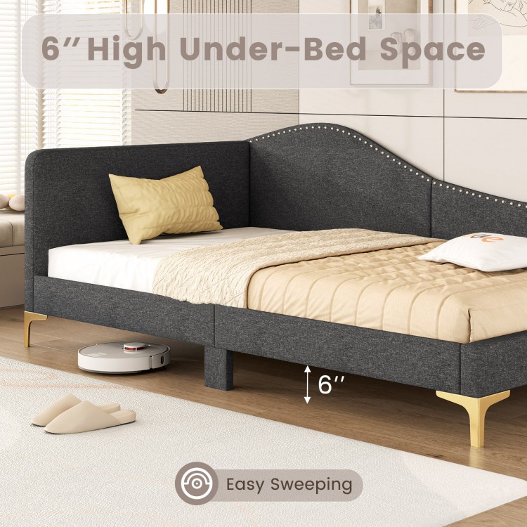 Rivet-tufted platform bed with 6" under-bed space for easy sweeping, upholstered in breathable linen fabric.