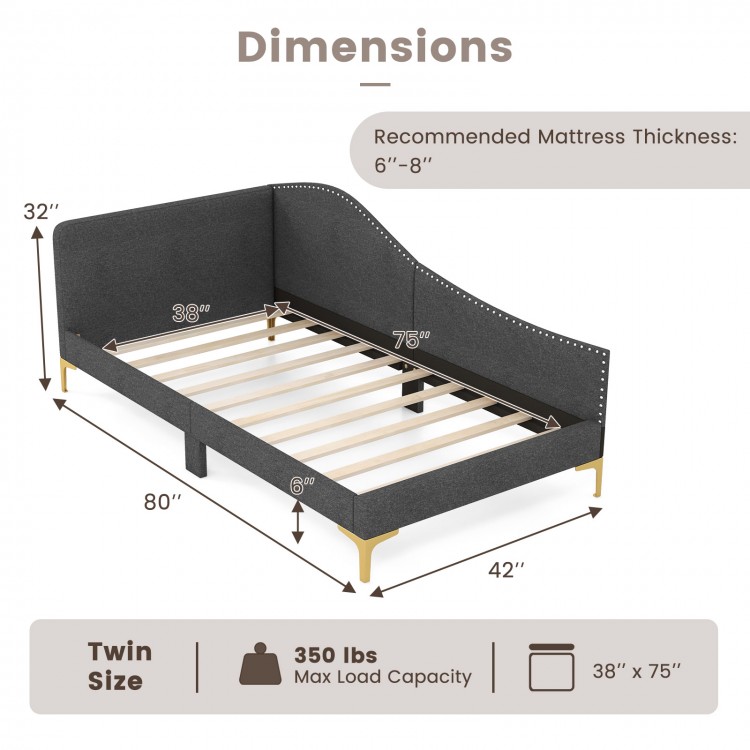 Twin size rivet-tufted platform bed with metal legs, wood slats, and dimensions for versatile use as a daybed or sofa.