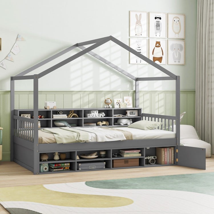 Twin size house bed in gray with roof, featuring 14 storage cubes and an enclosed cabinet for children's room.