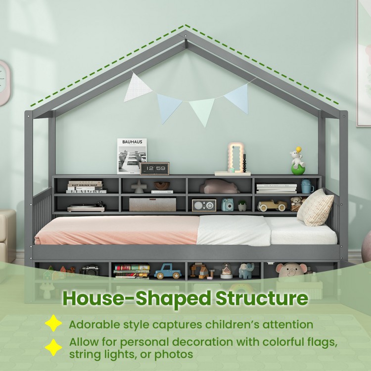 Twin size house bed in gray with roof, featuring 14 storage cubes and a playful design for children's rooms.