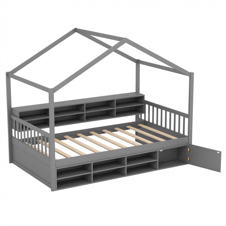Twin size gray house bed with roof, 14 storage cubes, and enclosed cabinet for organized children's room.