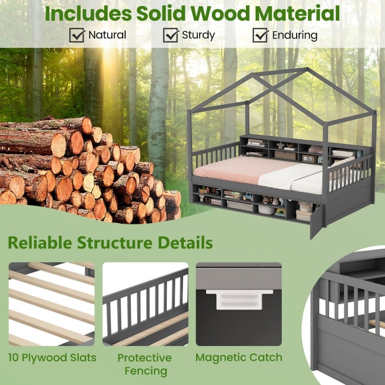 Twin size house bed in gray with roof, solid wood, 14 storage cubes, and protective fencing for safe sleeping.