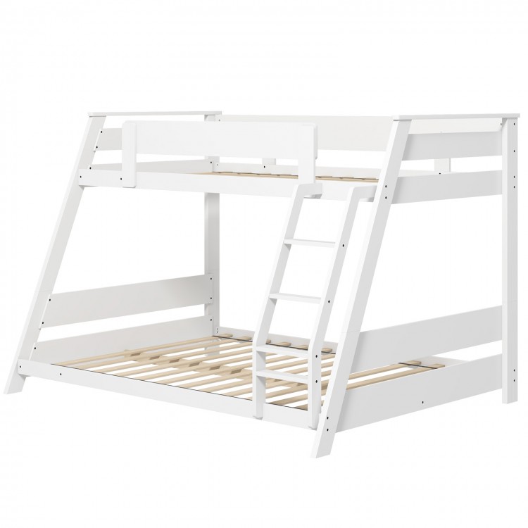 Twin over full low bunk bed in white with reversible ladder and guardrails, ideal for kids' rooms or guest spaces.