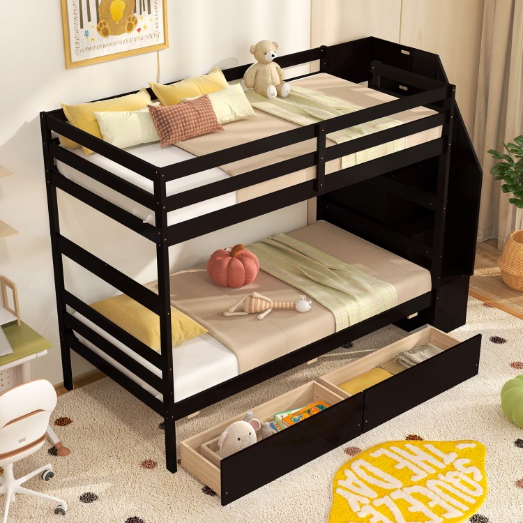 Twin over twin bunk bed with coffee finish, showcasing practical storage stairs and two pull-out drawers for easy.
