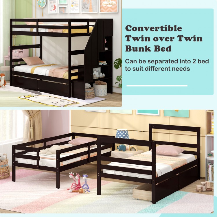 Twin over twin bunk bed in coffee finish with storage stairs and drawers, ideal for kids' rooms and versatile use.