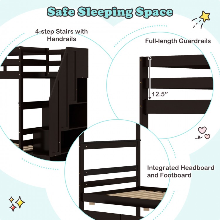 Twin over twin bunk bed with coffee finish, featuring safe 4-step stairs, full-length guardrails, and storage drawers.