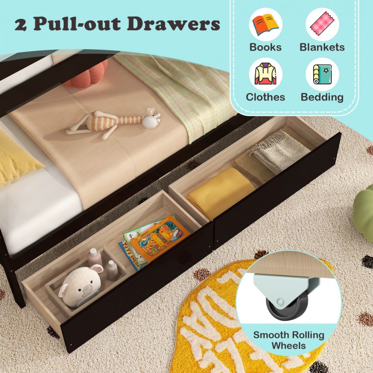 Twin over twin bunk bed with coffee finish featuring 2 pull-out drawers for organized storage of books and blankets.