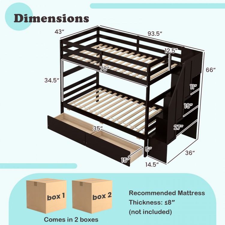 Twin over twin bunk bed with storage stairs and drawers in coffee color, featuring solid pine wood and practical design.