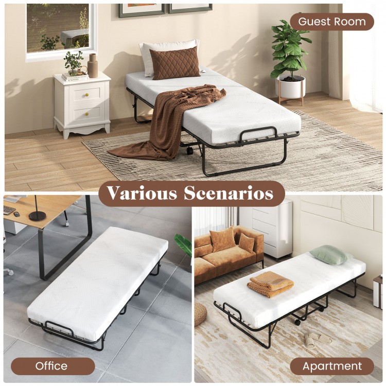 Folding bed frame with memory foam mattress, shown in various settings: guest room, office, and apartment for versatile.