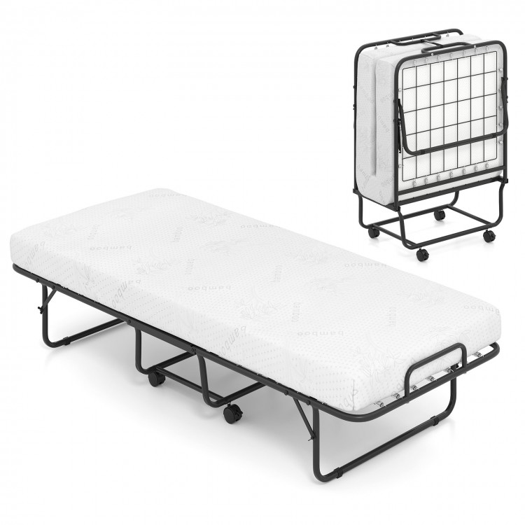Folding bed frame with 4-inch memory foam mattress, heavy-duty metal design, ideal for guest rooms or small spaces.