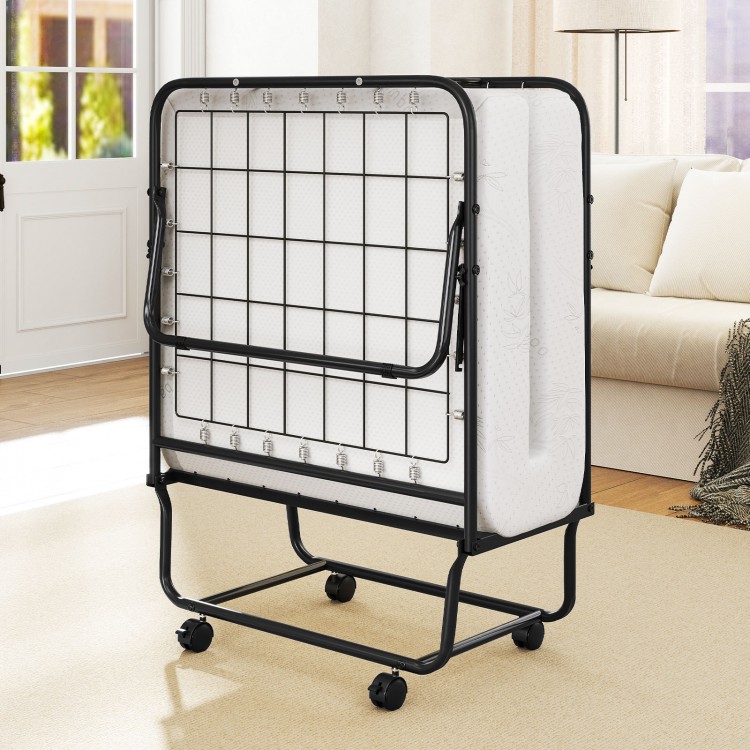 Folding bed frame with memory foam mattress, heavy-duty metal construction, ideal for guest rooms or small spaces.
