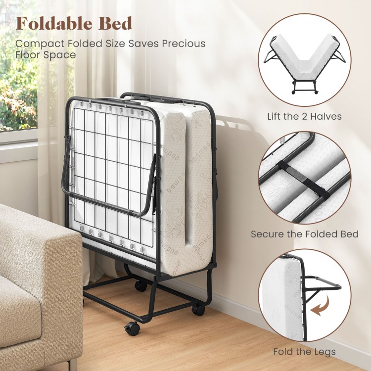 Cot size folding bed frame with memory foam mattress, compact design for easy storage, ideal for guest rooms or.