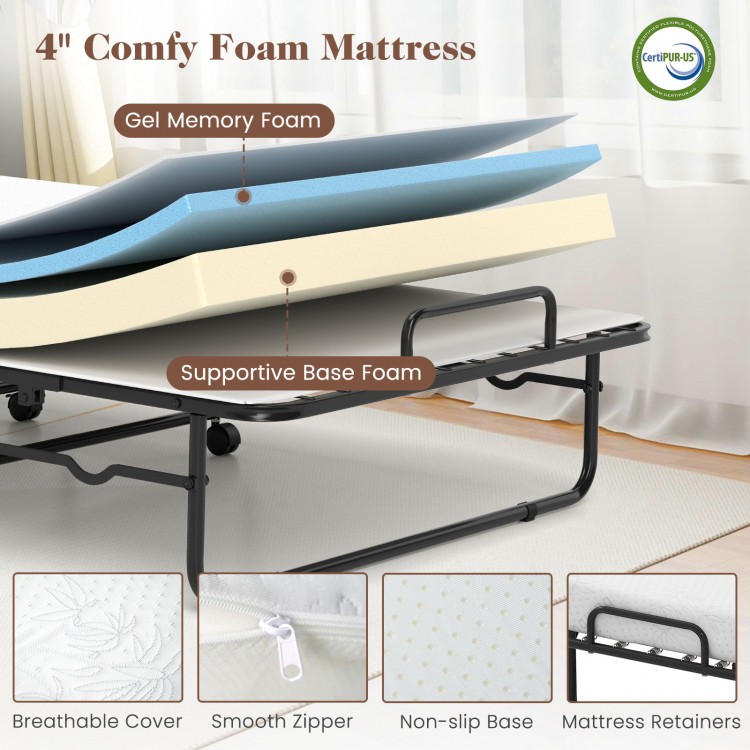 4-inch comfy foam mattress with gel memory foam and breathable cover, designed for a cot size folding bed frame.